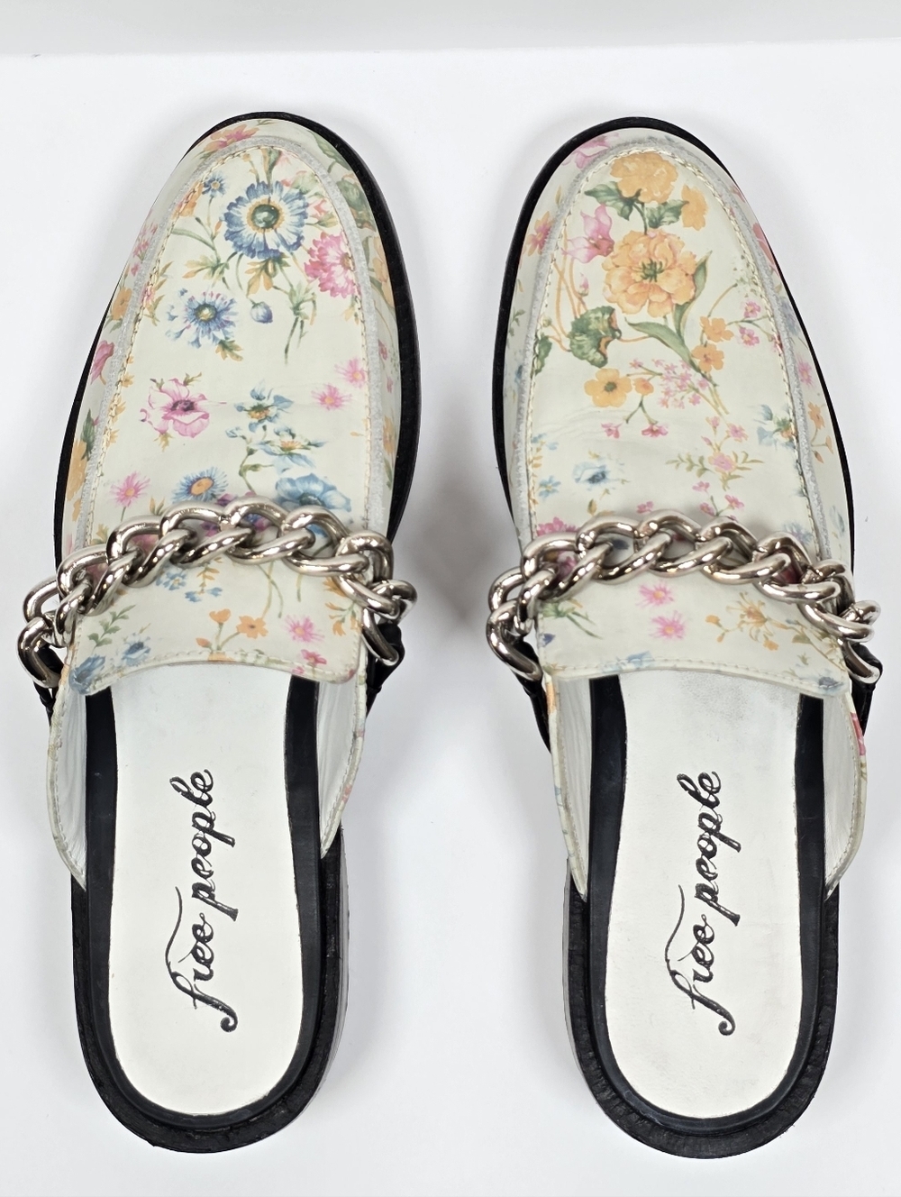 Free People Vida Ivory Floral Leather Chain Embellished Mules Loafers Multi Sz40 - Picture 5 of 14